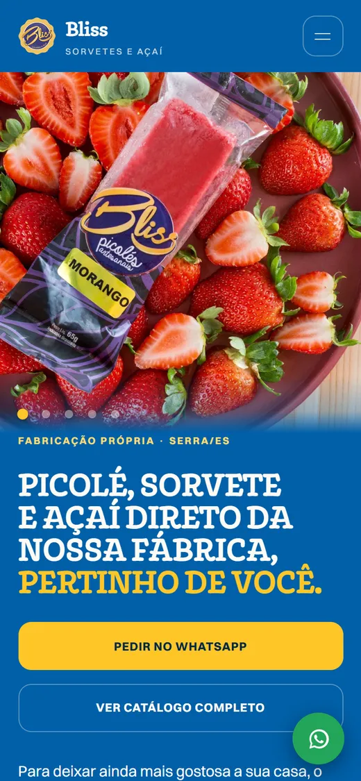 Site Bliss Sorvetes no celular